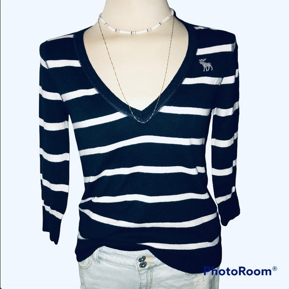 ABERCROMBIE & FITCH Y2K v-neck cotton stripe sailorcore sweater navy M - Picture 9 of 9